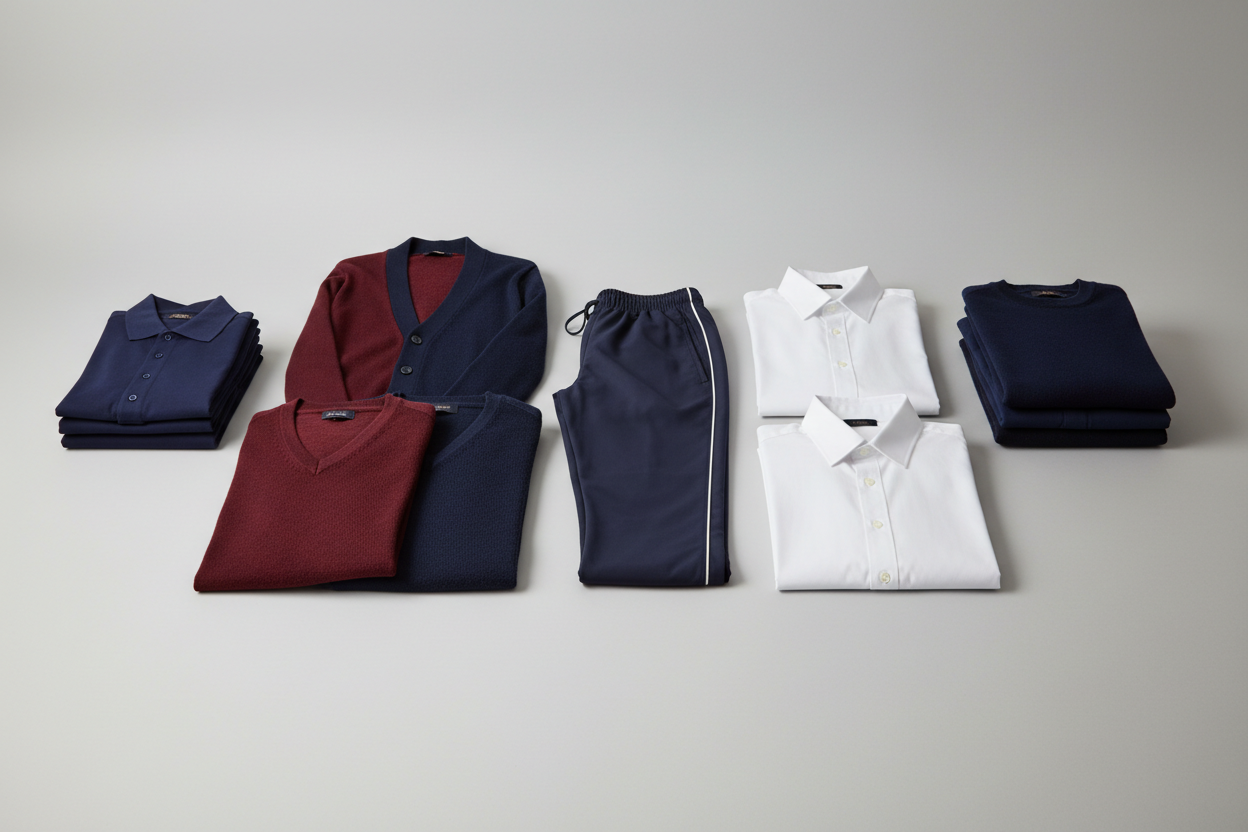 Create a clean and premium product image for a school uniform collection. Show a neat layout of navy golfers, maroon cardigans, navy cardigans, maroon pull overs, navy pull overs, navy track pants, white long sleeve shirts, white short sleeve shirts, and navy crew necks. Use a soft neutral background, good lighting, and a modern studio look. Make the uniforms look crisp, well fitted, and high quality. The style must feel professional, minimal, and suitable for a luxury school uniform brand.