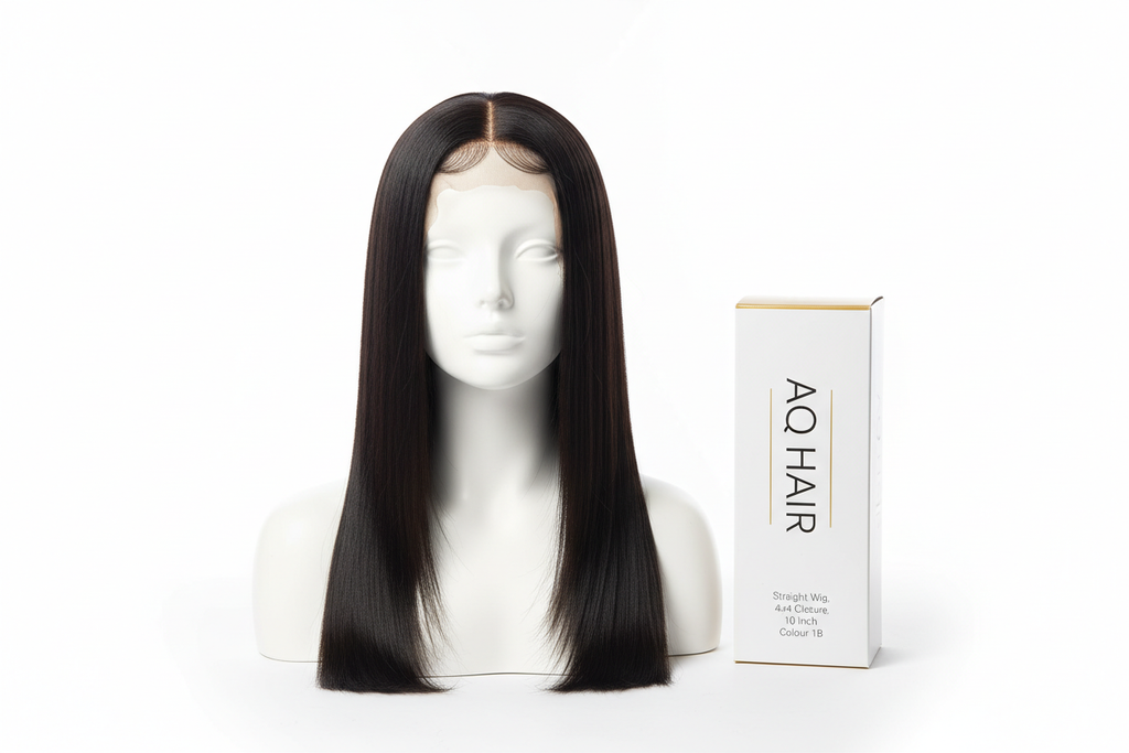 Create a clean product image of the AQ Hair straight wig, 10 inch length, colour black. Show the wig outside of the packaging on a simple mannequin head with a natural middle part. Make the hair look soft, smooth, and shiny. Include the AQ Hair branded packaging standing next to the mannequin. Add clear text on the box that says Straight Wig, 4x4 Closure, 10 Inch, Colour black Use a white background with bright lighting and a professional studio look. 