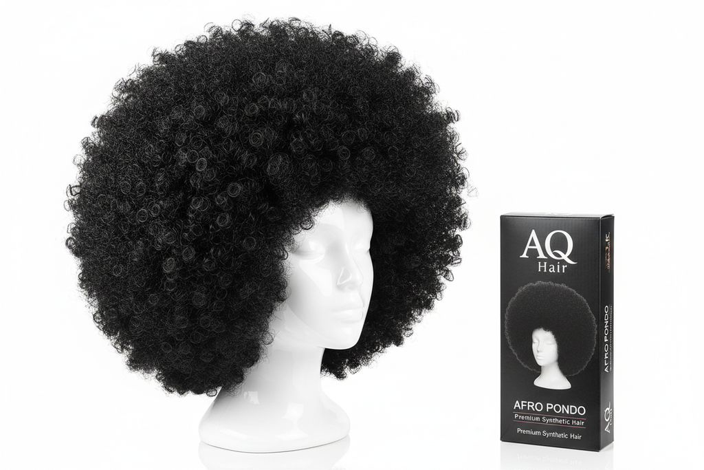 Create a clear product image of the AQ Hair Afro Pondo, pack of 2, colour Black. Show both afro pieces on a mannequin head to display volume. Place the AQ Hair box beside the mannequin. Use a white background with bright lighting to showcase the hair texture and size of the afros.