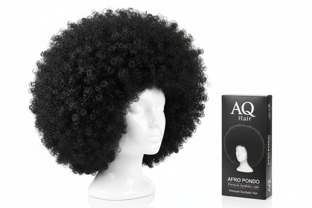Create a clear product image of the AQ Hair Afro Pondo, pack of 2, colour Black. Show both afro pieces on a mannequin head to display volume. Place the AQ Hair box beside the mannequin. Use a white background with bright lighting to showcase the hair texture and size of the afros.