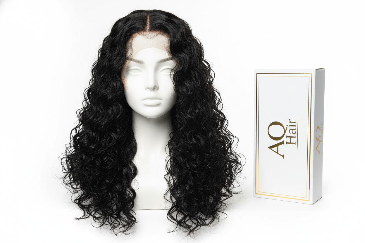 Create a clear product image of the AQ Hair extra wavy wig, 16 inch length, colour Black. Show the wig on a mannequin head with defined, natural waves. Place the AQ Hair box beside the mannequin. Use a white background with bright lighting to showcase the hair texture and extra wave pattern."