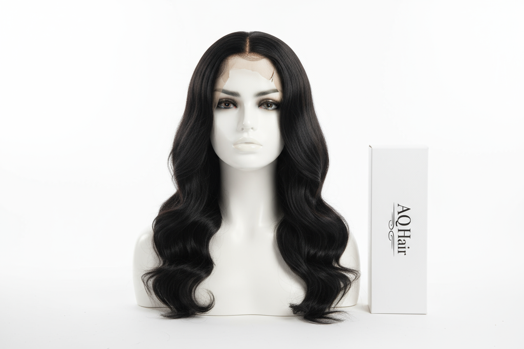 "Create a clear product image of the AQ Hair slightly wavy wig, 18 inch length, colour Black. Show the wig on a mannequin head with soft, natural waves. Place the AQ Hair box beside the mannequin. Use a white background with bright lighting to showcase the hair texture and subtle wave."