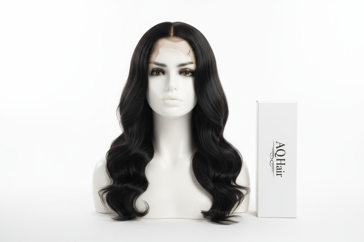 "Create a clear product image of the AQ Hair slightly wavy wig, 18 inch length, colour Black. Show the wig on a mannequin head with soft, natural waves. Place the AQ Hair box beside the mannequin. Use a white background with bright lighting to showcase the hair texture and subtle wave."