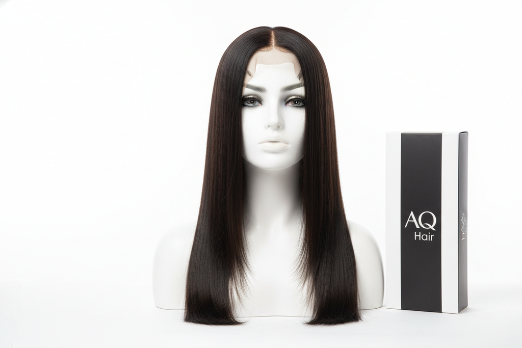 Create a clear product image of the AQ Hair straight wig, 18 inch length, colour 1B. Show the wig on a mannequin head with a natural straight style. Place the AQ Hair box beside the mannequin. Use a studio white background and bright soft lighting to highlight the smooth texture.