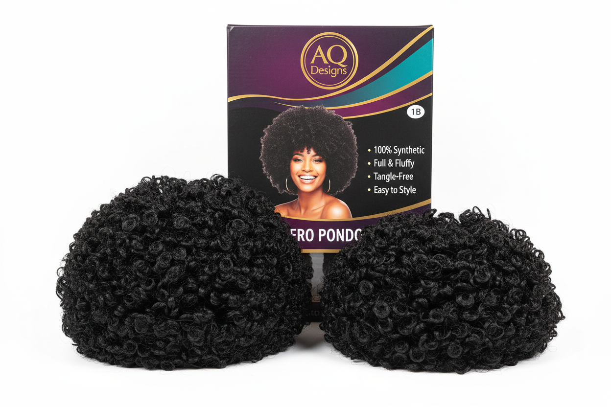 Create a high-quality product image of a single Afro Pondo hair piece, colour 1B (black). The packaging should be branded with AQ Designs and feature a smiling woman wearing the afro hairstyle on the front. Include text on the packaging: '100% Synthetic, Full & Fluffy, Tangle-Free, Easy to Style'. Show the afro neatly arranged inside the packaging, with a clean white background, bright lighting, and clear details of the hair texture. Make the image professional, modern, and appealing for a hair care product