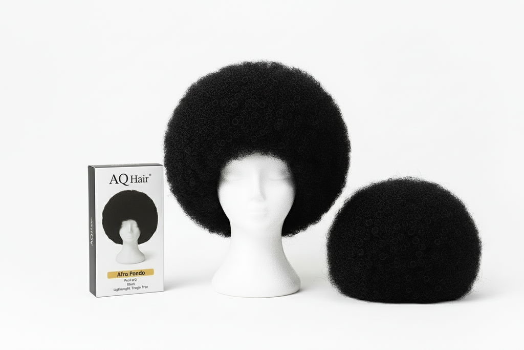 "Create a high-quality product image of AQ Hair Afro Pondo, pack of 2, colour Black. Show both afro pieces placed on a mannequin head to display their full volume and shape. Include the AQ Hair branded packaging next to the mannequin. Include text on the packaging: 'Afro Pondo, Pack of 2, Black, Lightweight, Tangle-Free'. Use a clean white background with bright studio lighting to highlight the texture, roundness, and fullness of the afro pieces. Make it professional and appealing for an online hair store."