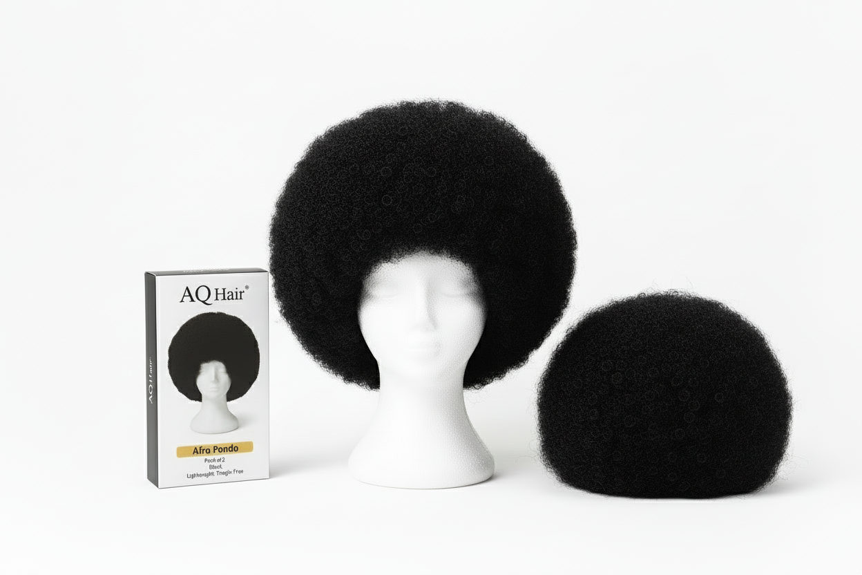 "Create a high-quality product image of AQ Hair Afro Pondo, pack of 2, colour Black. Show both afro pieces placed on a mannequin head to display their full volume and shape. Include the AQ Hair branded packaging next to the mannequin. Include text on the packaging: 'Afro Pondo, Pack of 2, Black, Lightweight, Tangle-Free'. Use a clean white background with bright studio lighting to highlight the texture, roundness, and fullness of the afro pieces. Make it professional and appealing for an online hair store."
