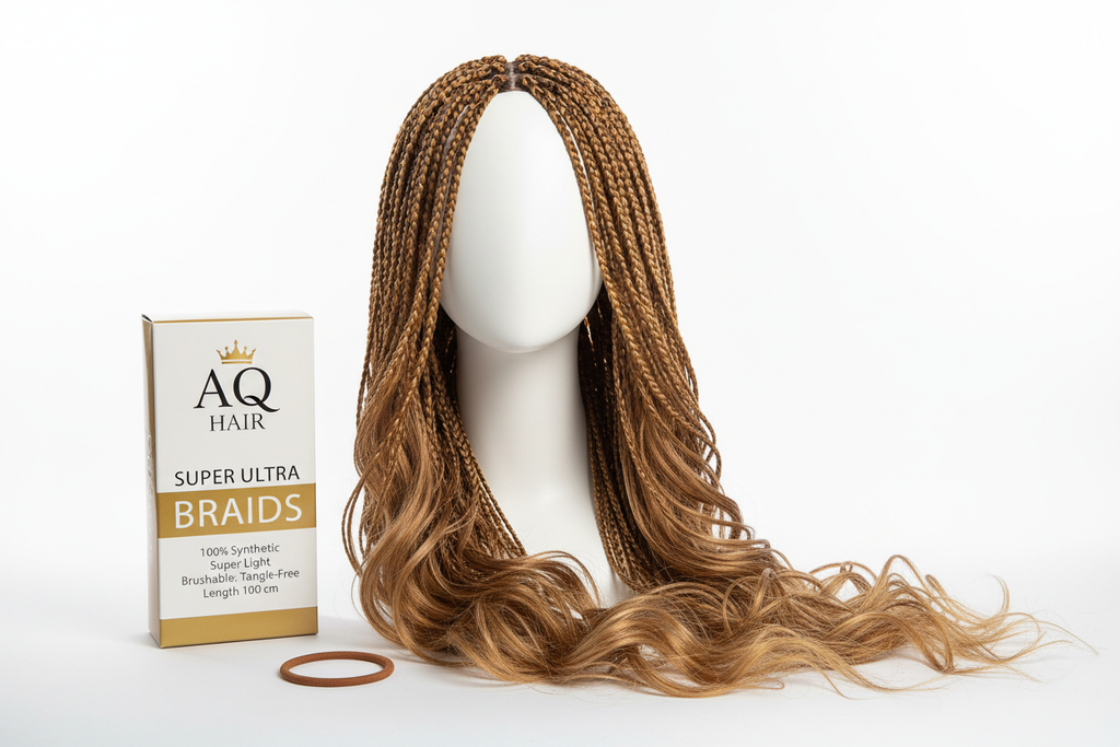 Create a high-quality product image of AQ Hair Super Ultra Braids, pack of 2, colour #30 (light brown). Show the loose hair strands on a mannequin head, styled naturally, and include the 2 hairbands beside or attached to the hair. Place the AQ Hair branded packaging next to the mannequin. Include text on the packaging: '100% Synthetic, Super Light, Brushable, Tangle-Free, Length 100 cm'. Use a clean white background with bright studio lighting to highlight the soft texture and shine of the hair. Make it pro