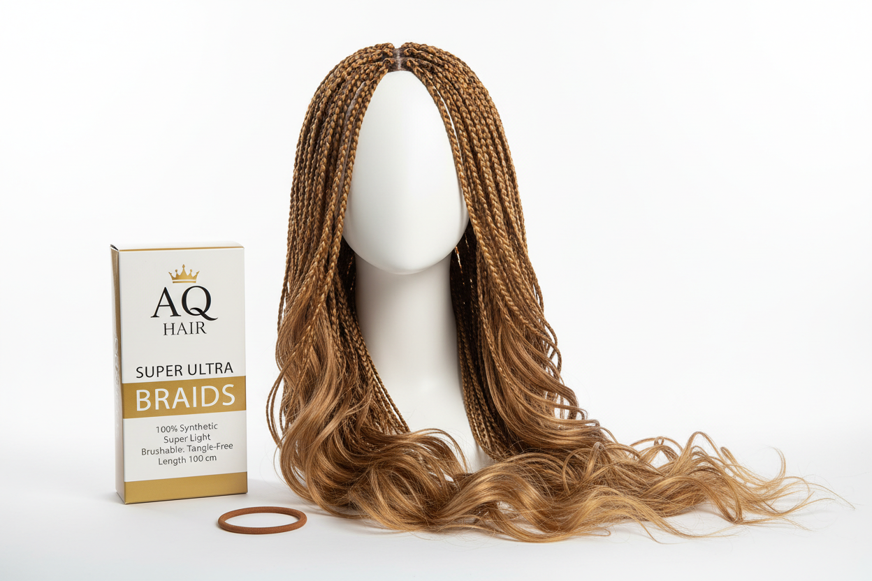 Create a high-quality product image of AQ Hair Super Ultra Braids, pack of 2, colour #30 (light brown). Show the loose hair strands on a mannequin head, styled naturally, and include the 2 hairbands beside or attached to the hair. Place the AQ Hair branded packaging next to the mannequin. Include text on the packaging: '100% Synthetic, Super Light, Brushable, Tangle-Free, Length 100 cm'. Use a clean white background with bright studio lighting to highlight the soft texture and shine of the hair. Make it pro