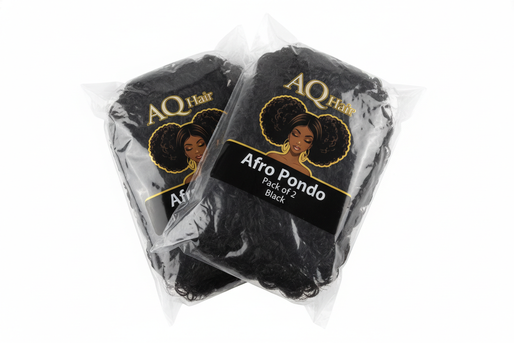 Create a high-quality product image of the AQ Hair Afro Pondo, pack of 2, colour Black. Show both afro pieces inside AQ Hair branded packaging. The packaging should feature a model with two afros, one on each side of the head. Include text on the packaging: 'Afro Pondo, Pack of 2, Black'. Use a clean white background with bright studio lighting to highlight the fullness and texture.