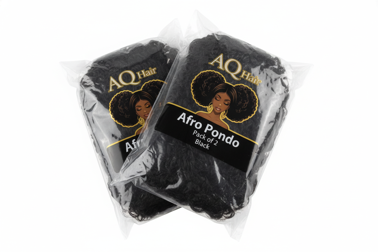 Create a high-quality product image of the AQ Hair Afro Pondo, pack of 2, colour Black. Show both afro pieces inside AQ Hair branded packaging. The packaging should feature a model with two afros, one on each side of the head. Include text on the packaging: 'Afro Pondo, Pack of 2, Black'. Use a clean white background with bright studio lighting to highlight the fullness and texture.