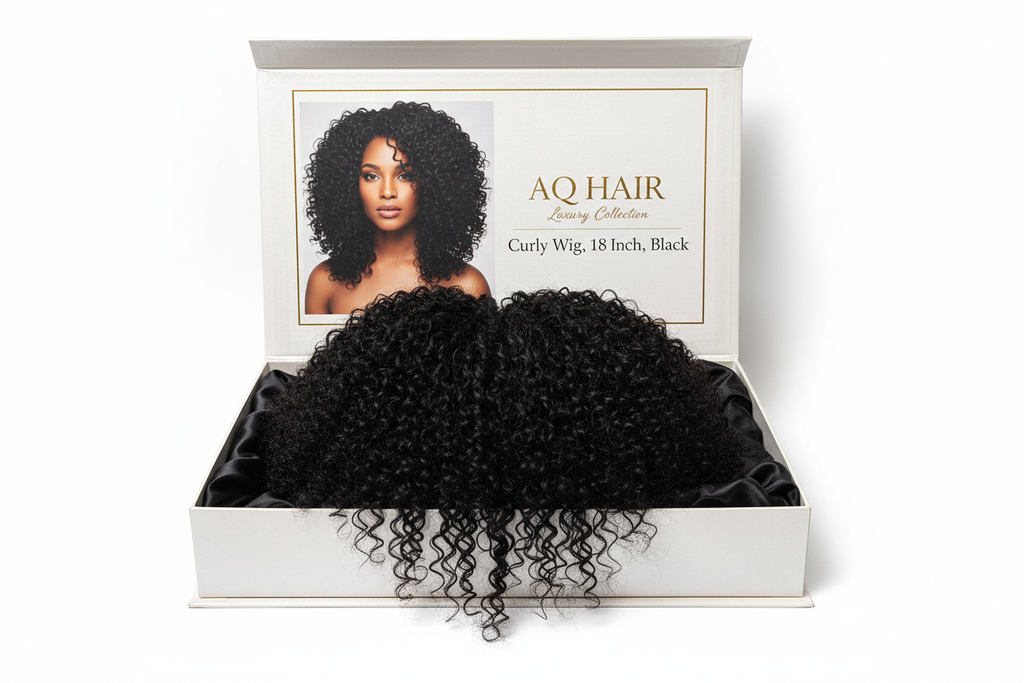 Create a high-quality product image of the AQ Hair curly wig, 18 inch length, colour Black. Show the wig inside AQ Hair branded packaging. The packaging should feature a woman with upper-chest length curly black hair. Include text on the packaging: 'Curly Wig, 18 Inch, Black'. Use a clean white background with bright studio lighting to highlight the curls.