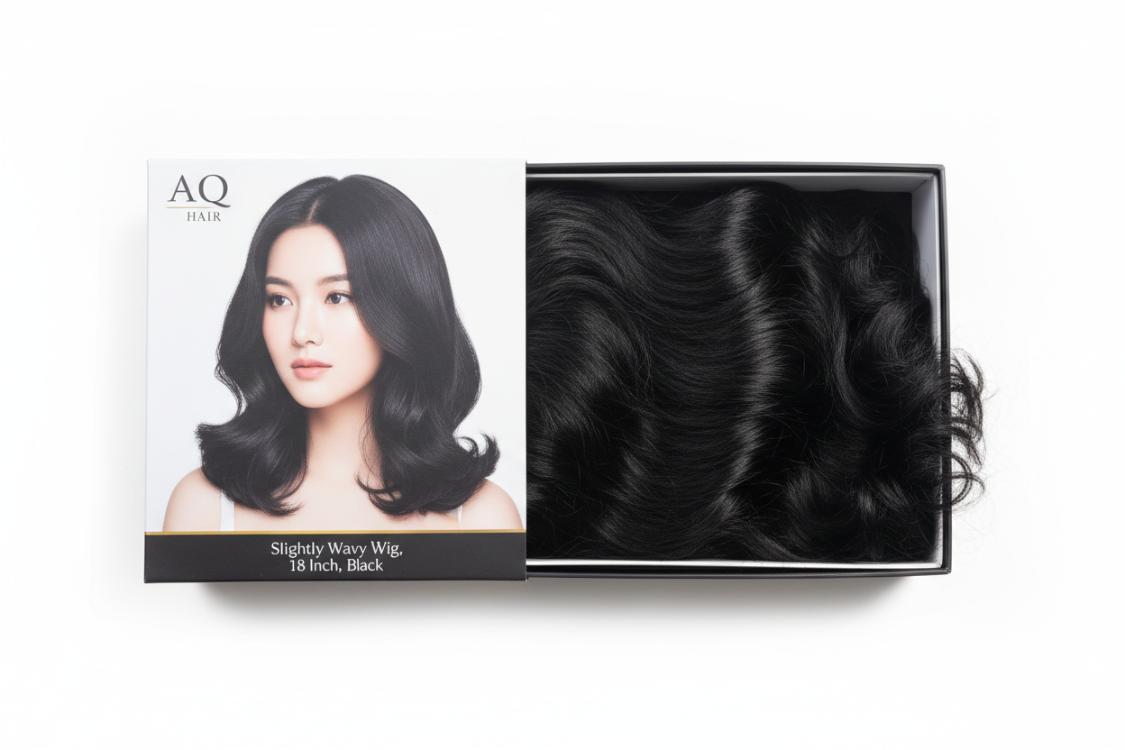 Create a high-quality product image of the AQ Hair slightly wavy wig, 18 inch length, colour Black. Show the wig inside AQ Hair branded packaging. The packaging should feature a woman with upper-chest length slightly wavy black hair. Include text on the packaging: 'Slightly Wavy Wig, 18 Inch, Black'. Use a clean white background with bright studio lighting to highlight the waves.