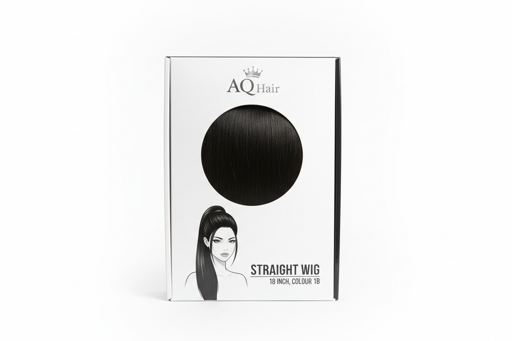 "Create a high quality product image of the AQ Hair straight wig, 18 inch length, colour 1B. Show the wig inside clean and modern AQ Hair packaging. The packaging must show a woman with upper chest length straight black hair in a ponytail. Add text on the packaging that says Straight Wig, 18 Inch, Colour 1B. Use a white background and bright lighting.