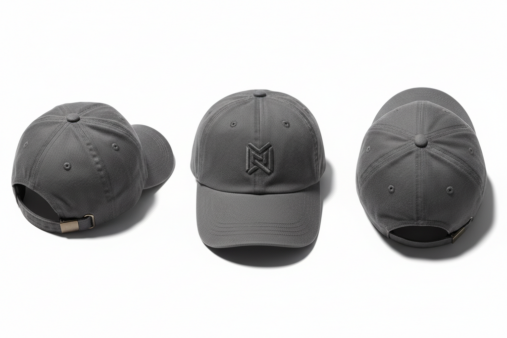Create a modern and stylish cap design for AQ Designs. Include the AQ Designs logo on the front. Make the caps trendy and appealing to young adults, using neutral and bold colors like black, white, grey, and navy. Show different angles: front, side, and top view. Make it look realistic and suitable for online product display on Shopify. Minimalistic and premium style.
