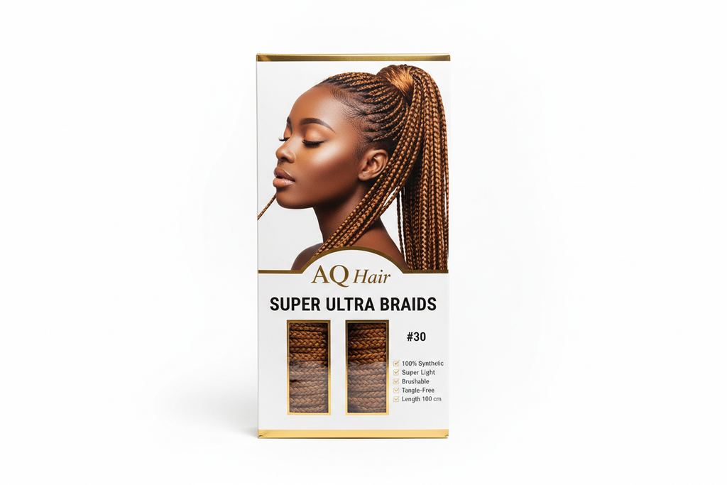 Create a professional product image of AQ Hair Super Ultra Braids, pack of 2, colour #30 (light brown). Show the braids neatly arranged inside AQ Hair branded packaging. Include a model on the packaging wearing the braids in a sleek style. Highlight features on the box: '100% Synthetic, Super Light, Brushable, Tangle-Free, Length 100 cm'. Use a clean white background with bright lighting, showing texture and shine of the braids. Make it modern, appealing, and suitable for online hair store.