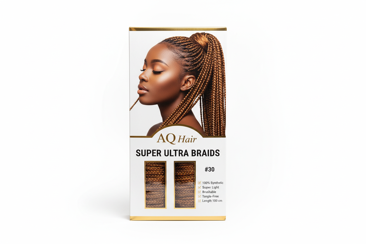 Create a professional product image of AQ Hair Super Ultra Braids, pack of 2, colour #30 (light brown). Show the braids neatly arranged inside AQ Hair branded packaging. Include a model on the packaging wearing the braids in a sleek style. Highlight features on the box: '100% Synthetic, Super Light, Brushable, Tangle-Free, Length 100 cm'. Use a clean white background with bright lighting, showing texture and shine of the braids. Make it modern, appealing, and suitable for online hair store.