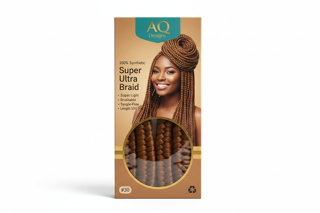 Create a realistic product image for synthetic hair braids, pack of 2, colour #30 (light brown). The packaging should be designed for AQ Designs and include a smiling woman wearing the braids on the front. Include text on the packaging: '100% Synthetic, Super Ultra Braid, Super Light, Brushable, Tangle-Free, Length 100 cm'. Show the braids neatly arranged inside the packaging, with a clean white background, bright lighting, and high-resolution details of the hair texture. Make it look professional, modern, 