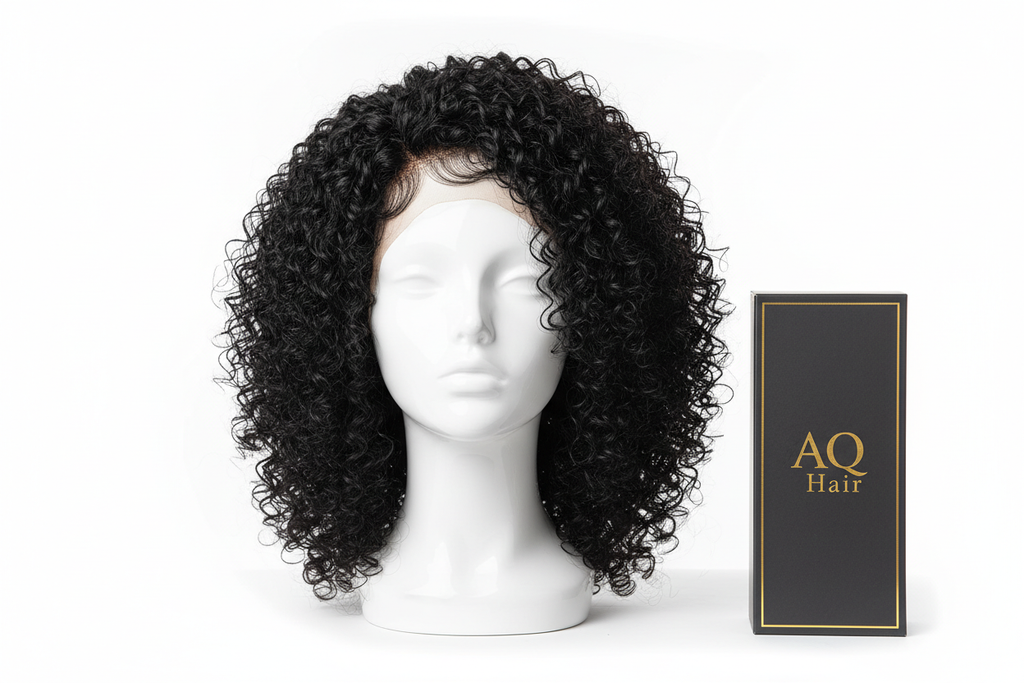 reate a clear product image of the AQ Hair curly wig, 18 inch length, colour black Show the wig on a mannequin head with natural bouncy curls. Place the AQ Hair box beside the mannequin. Use a white background with bright lighting to showcase the hair texture and volume.