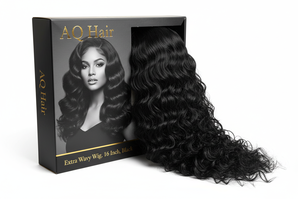 reate a high-quality product image of the AQ Hair extra wavy wig, 16 inch length, colour Black. Show the wig inside AQ Hair branded packaging. The packaging should feature a woman with upper-chest length extra wavy black hair. Include text on the packaging: 'Extra Wavy Wig, 16 Inch, Black'. Use a clean white background with bright studio lighting to highlight the waves.
