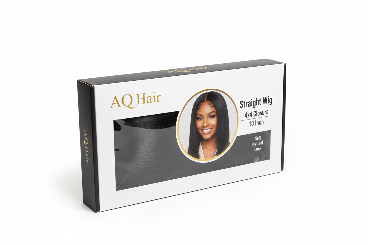 Use this as your product image prompt

"Create a high quality product image of a straight hair wig, 10 inch length, colour 1B. The wig should be shown inside AQ Hair branded packaging. Include a model image on the front wearing straight 10 inch black hair with a natural middle part. Add text on the packaging: 'Straight Wig, 4x4 Closure, 10 Inch, Soft, Natural Look'. Use bright lighting and a clean white background. Make it look professional and suitable for an online hair store.